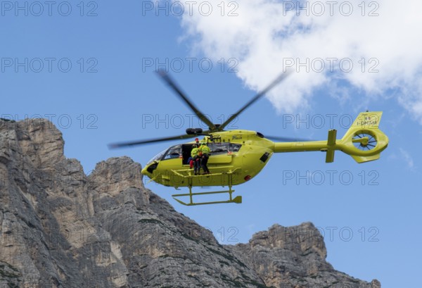 Fiames, Cortina d'Ampezzo, Dolomites, Italy, July, 6, 2022 : Helicopter Rescue Service. Medical