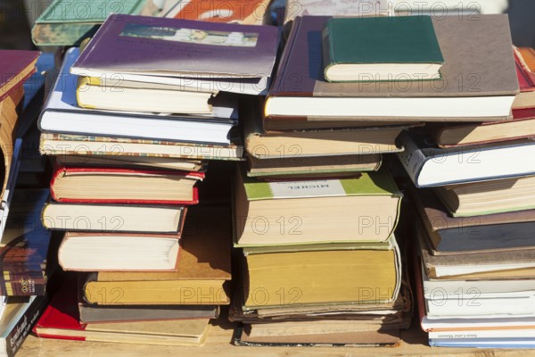 Piles of old books at a flea market, Germany, Europe