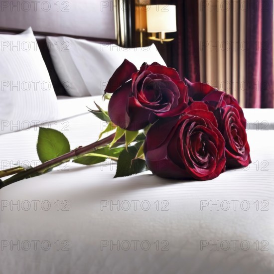 Close-up of three red roses resting on a neatly made bed with white bedspread and pillows in a