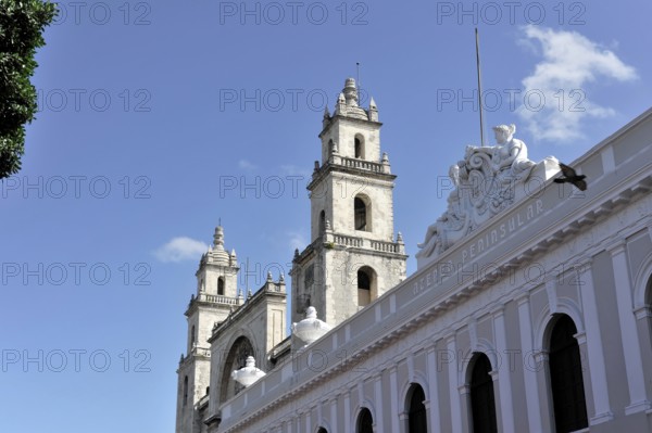 Merida, Yucatan, Mexico, Central America, Historic cathedral with high towers and ornate details