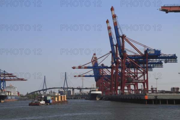 Waltershofer Hafen, Eurogate Container Terminal, behind Köhlbrand Bridge, Port of Hamburg, Germany,
