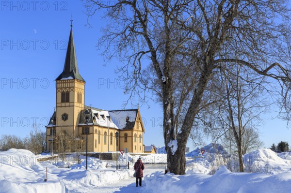 Vågan Church, Lofoten Cathedral in winter, Kabelvåg, Lofoten, Nordland, Norway, Europe