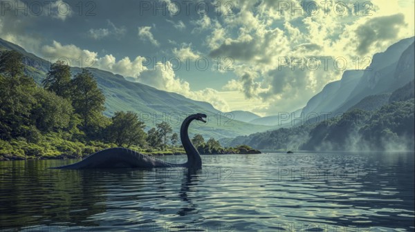 A mystical view of Loch Ness with the famous monster against a misty mountain backdrop, AI