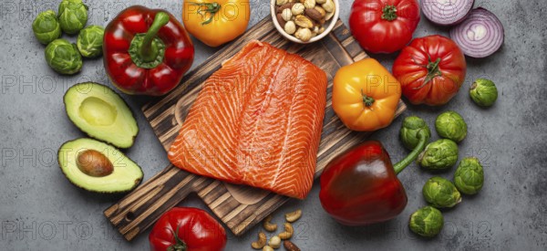 Fresh raw salmon fillet on wooden cutting board, organic bio vegetables and nuts on rustic stone