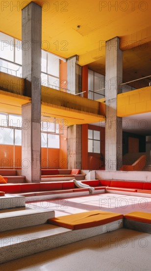 Colorful modern interior with red and yellow benches, pillows, and tall concrete columns,