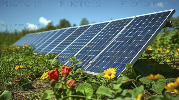 Solar systems, photovoltaics on greenfields, AI generated