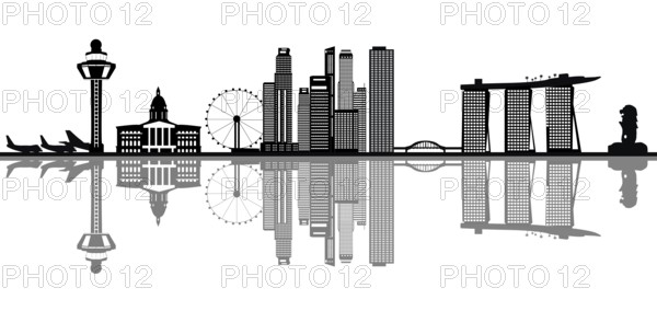 Illustration drawing of the singapore city skyline in asia with the merlion and the hotel with