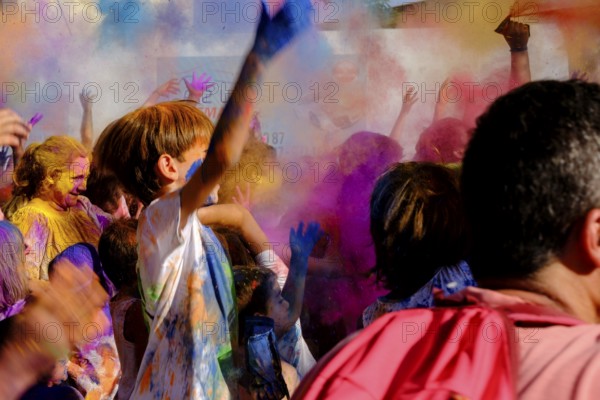 Children's Holi celebration, Llucmajor, Majorca, Balearic Islands, Spain, Europe