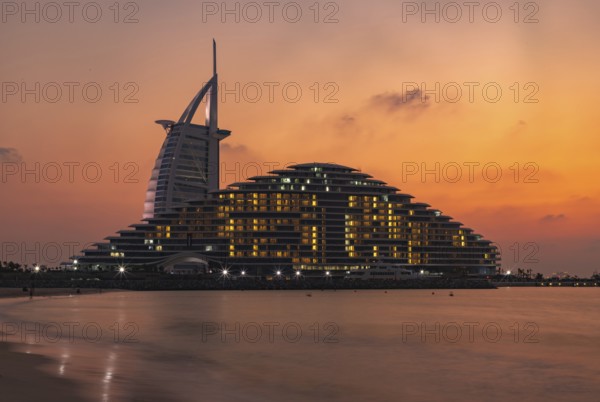 A picture of the Jumeirah Public Beach, the Jumeirah Marsa Al Arab Hotel and the Burj Al Arab