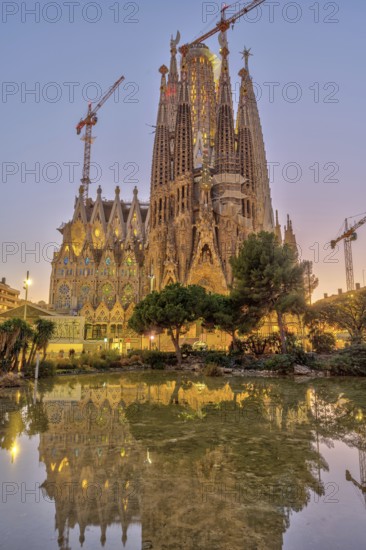The imposing Sagrada Familia in Barcelona after sunset