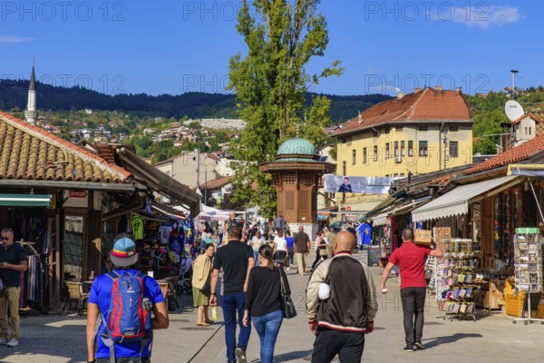 Street view of Bascarsija, the old bazaar and the cultural center of Sarajevo in Bosnia and