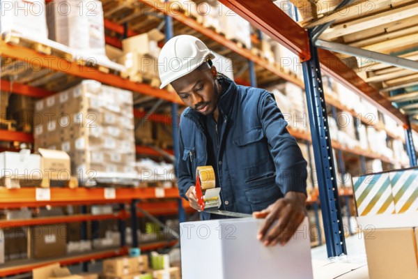 Male african employee working at a distribution warehouse closing boxes to deliver