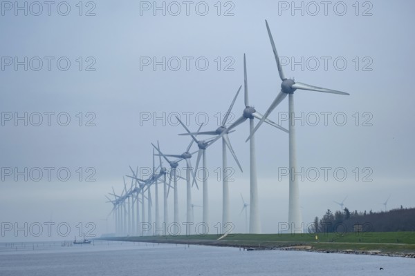 Wind turbines in a row on the coast in the mist and fog