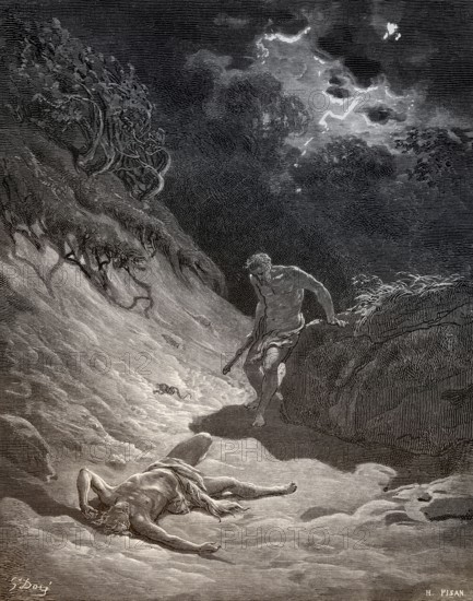 Cain slays Abel, Old Testament, woodcut by Gustave Doré