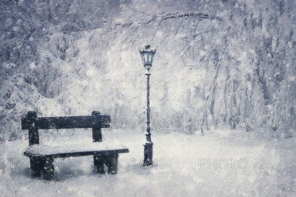 Winter season painting of a wooden bench and street lamp covered with snow under a snowfall in the