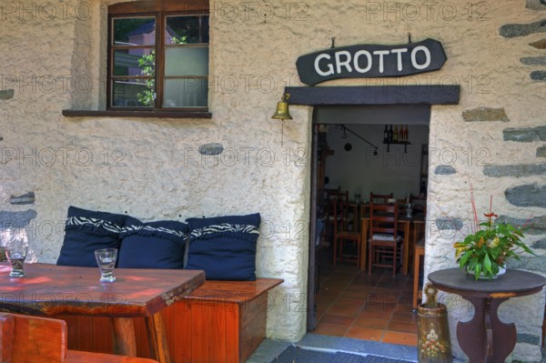 Garden restaurant, typical Ticino grotto, Ticino, Switzerland, Europe