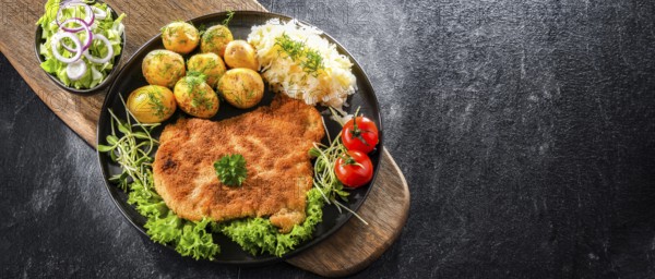 Pork breaded cutlet coated with breadcrumbs served with potatoes and cabbage
