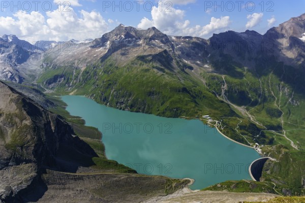 Mooserboden reservoir, high mountain reservoir, from Heinrich-Schwaiger-Haus, Kaprun, Hohe Tauern,