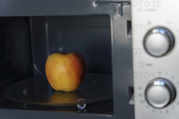 A fresh red apple placed inside a microwave oven