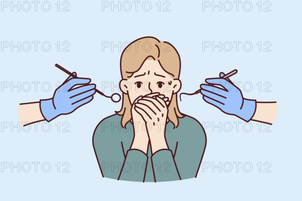 Cowardly woman at dentist appointment closes mouth, suffering from dentophobia and not wanting to