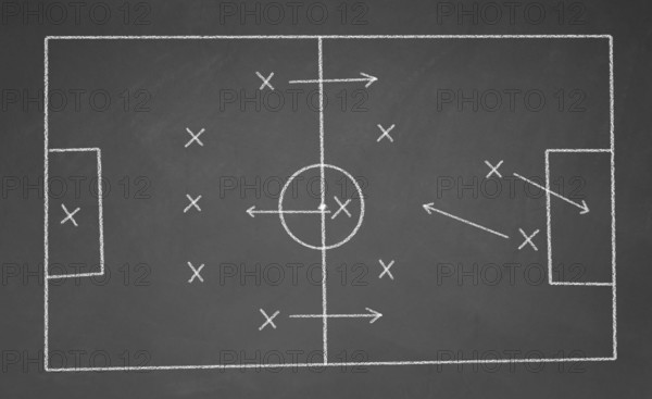 Soccer game strategy drawn with white chalk on a blackboard