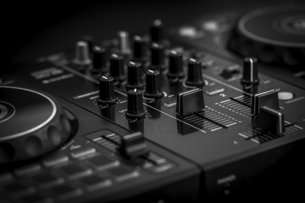Close-up of a black DJ mixer featuring numerous knobs and faders, captured in a monochrome setting,