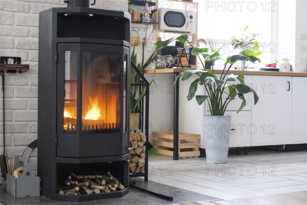 Black Metal Steel fireplace stove with fire and firewood near kitchen in village house. Cozy home