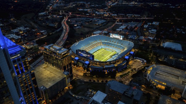 Night aerial view of the Bank of America Stadium, home of the National Football League Carolina