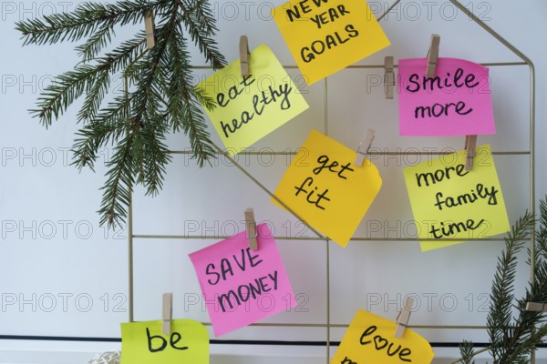Vision board with new year resolutions aims goals on sticky notes. Preparation for New Year.