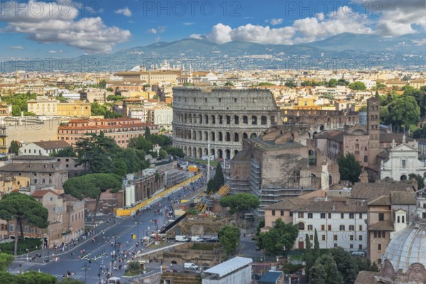 Rome Italy, high angle view city skyline at Roman Forum and Rome Colosseum