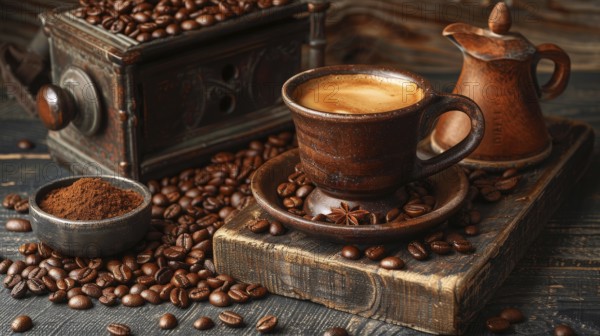 Rustic scene with a coffee cup, beans, grinder, and vintage accessories on a wooden surface, AI