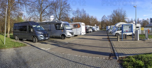 Motorhome site Memmingen in Colmarer Straße with motorhomes, Memmingen, Swabia, Bavaria, Germany,