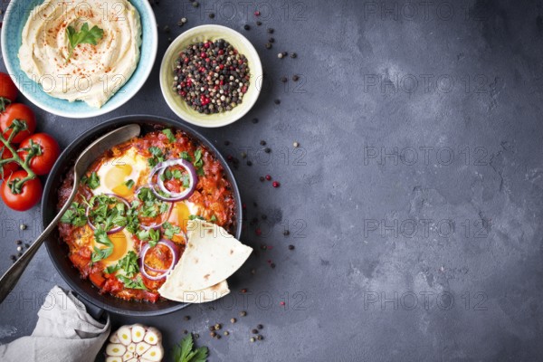 Shakshuka with pita bread in pan, hummus in bowl on rustic background. Middle eastern traditional