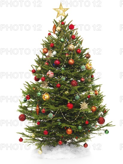 Beautiful decorated Christmas tree with a star topper isolated on white background