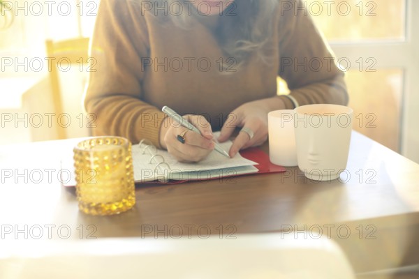Middle-aged woman writer or poet writing in notebook while sitting at table in sunny room at home,