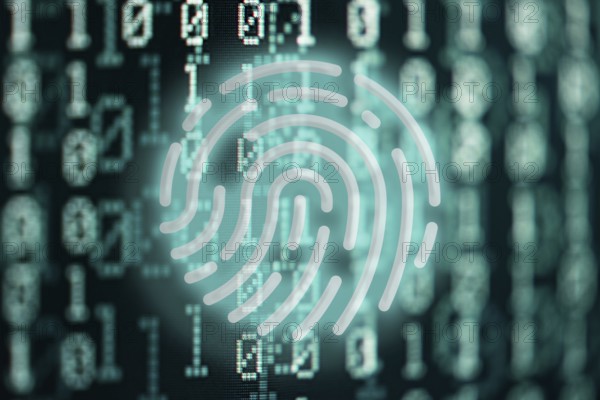 glowing fingerprint symbol against binary code digital background, internet security and privacy