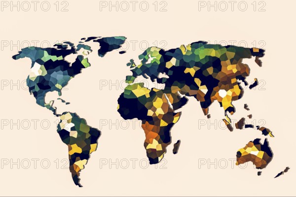 Roughly outlined world map with a colorful background patterns