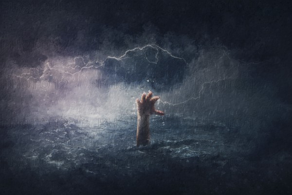 Surreal painting of a man drowning in the sea, lifting his hand up underwater. Dramatic scene of