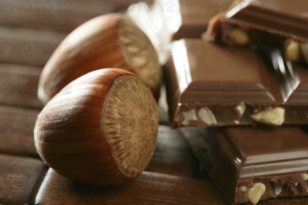 Hazelnuts and chocolate on brown wood enviroment at studio
