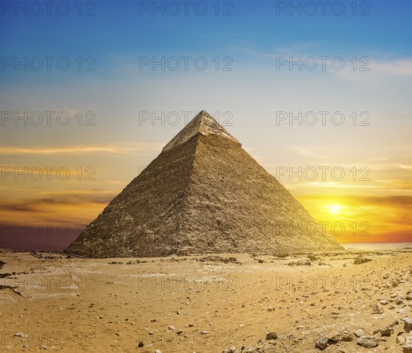 Chefren pyramid at sunset in the desert of Giza, Egypt, Africa
