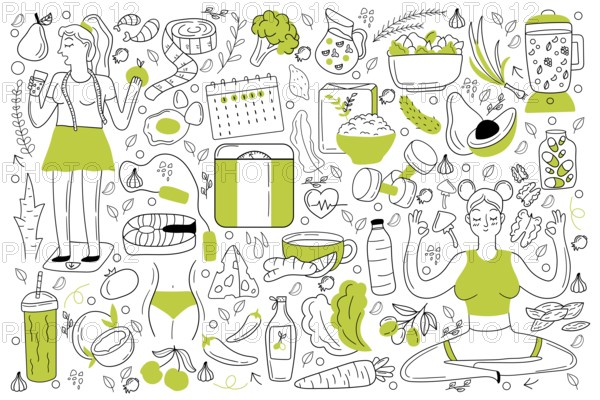 Diet doodle set. Collection of hand drawn sketches templates of people dieting eating natural food
