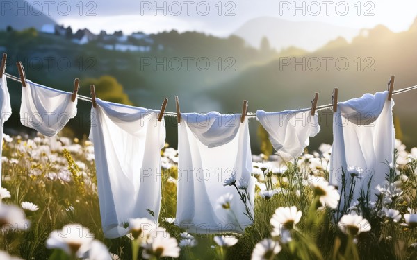 Clothesline with clean white laundry to dry on a flower meadow, AI generated, AI generated