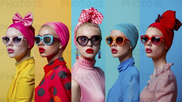 Five models with bright outfits and retro sunglasses in colorful setting