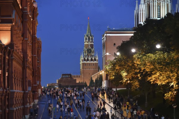 Moscow, Russia, September 22. 2018. view on the Spasskaya Tower of the Kremlin and the mausoleum,