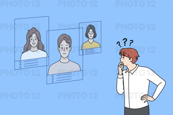 Confused businessman look at applicant CV think of employee candidature. Frustrated man employer