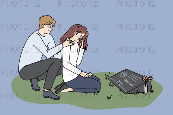 Depressed couple cry at cat gravestone at cemetery. Unwell stressed man and woman owners mourn