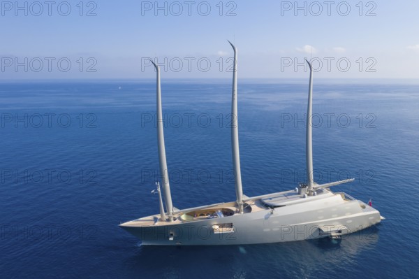 Aerial view 143 metre long three-master Sailing Yacht A, the largest sailing yacht in the world,