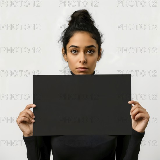 Young woman with a sceptical look, dark pinned-up hairdo, holding up a notice board, advertisement,