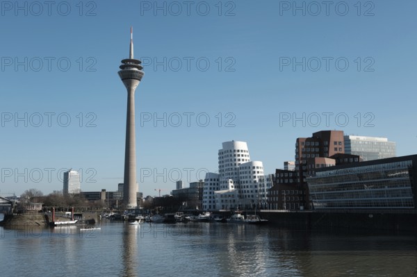 Panorama of the Media Harbour with Rhine Tower, Düsseldorf, Germany, Europe