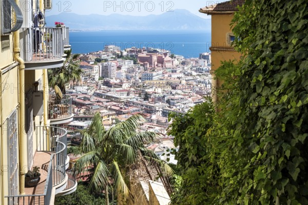 Italy, Gulf of Naples. Naples, view from the hill, district Vomero over the city towards Vesuvius,